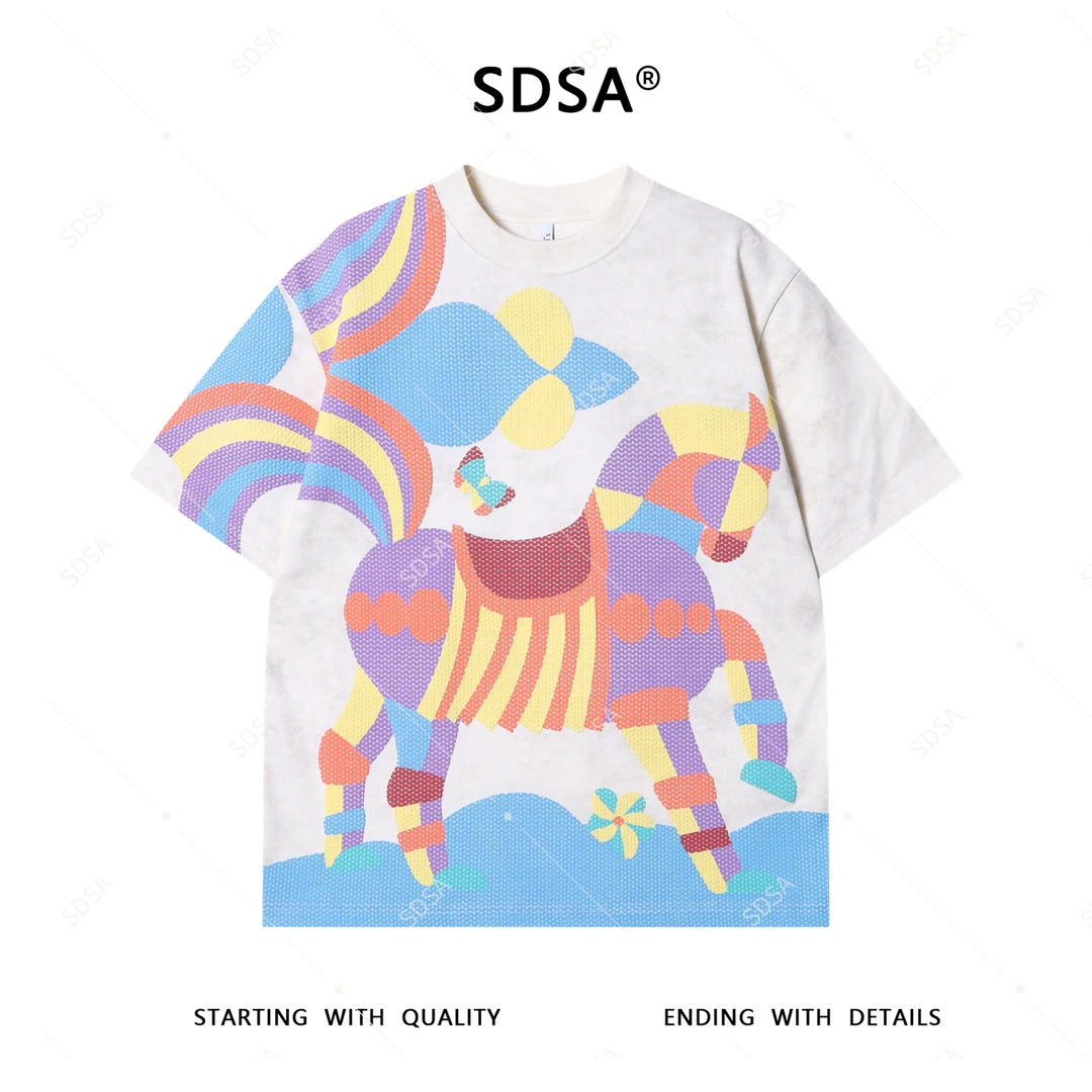 夏季高级感新款男士小马彩色印花圆领短袖T恤小众设计洒金上衣