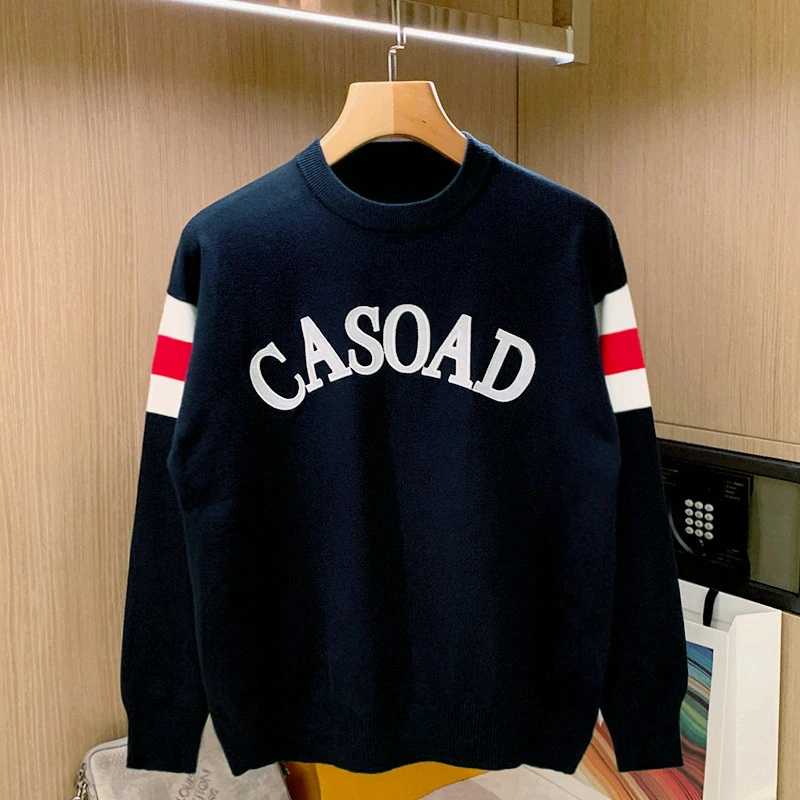 洛尼提日亚冬季新款潮流字母刺绣男士毛衣休闲拼色保暖上衣针织衫