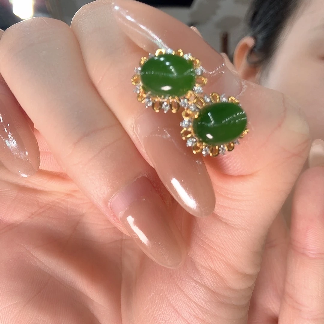 和田玉银S925镶嵌耳饰