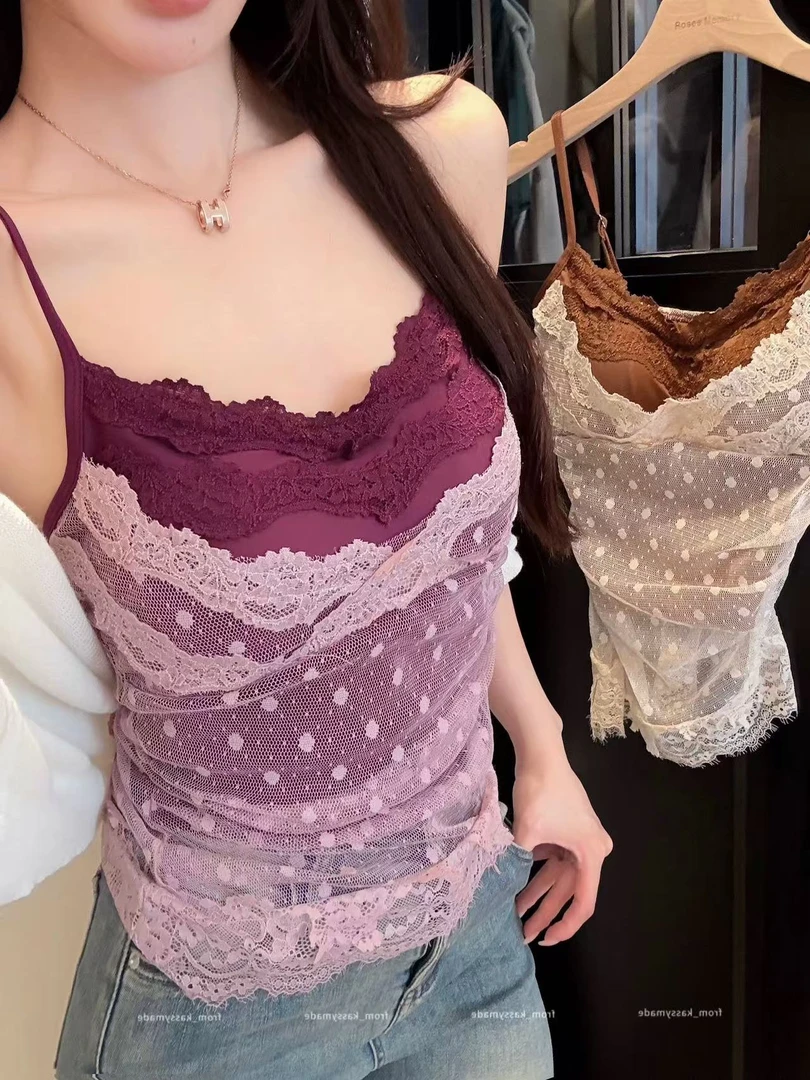 纯欲风波点蕾丝花边背心吊带女夏季别致减龄修身显瘦上衣