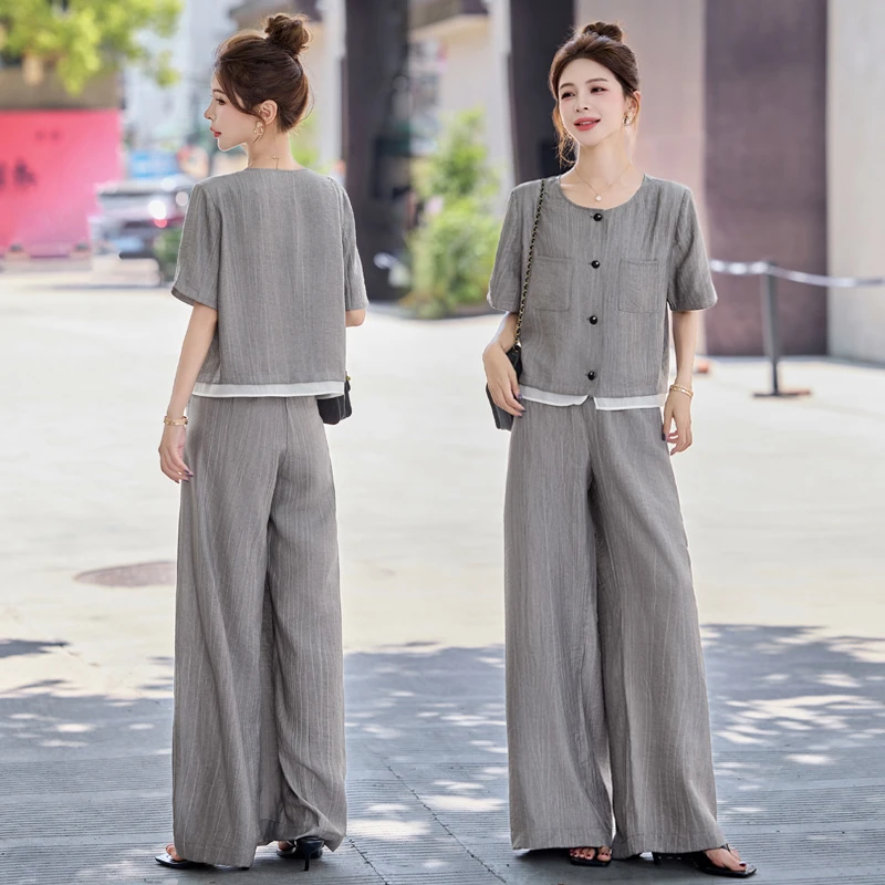 高级感夏季一整套穿搭套装女2025夏季新款阔腿裤短袖上衣两件套潮