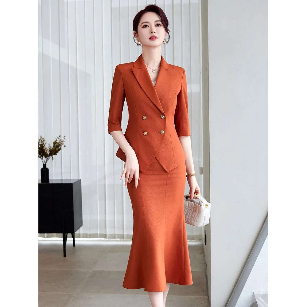 砖红色职业装西装外套女春夏轻奢新款收腰OL气质前台通勤西服套装