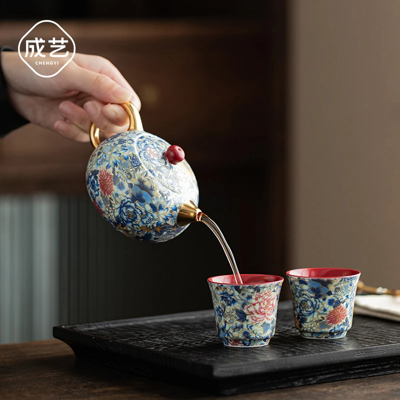 万花银锦中国红西施壶套装高端功夫茶具一人独饮小茶具泡茶三件套