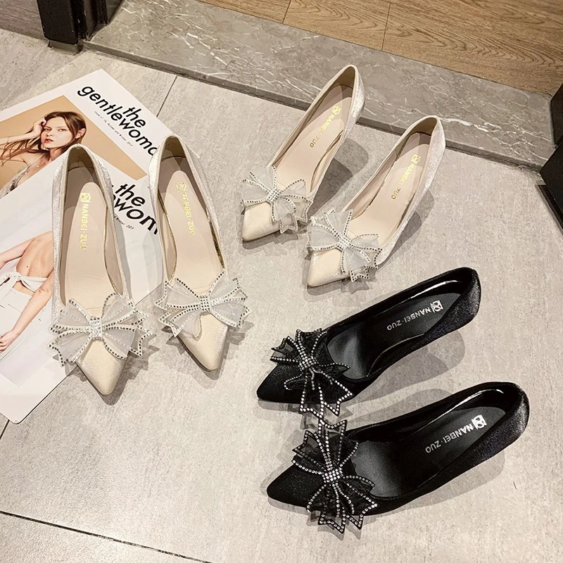 JML2025新款法式香槟色高跟鞋女银色婚鞋水钻蝴蝶结气质主纱婚BD