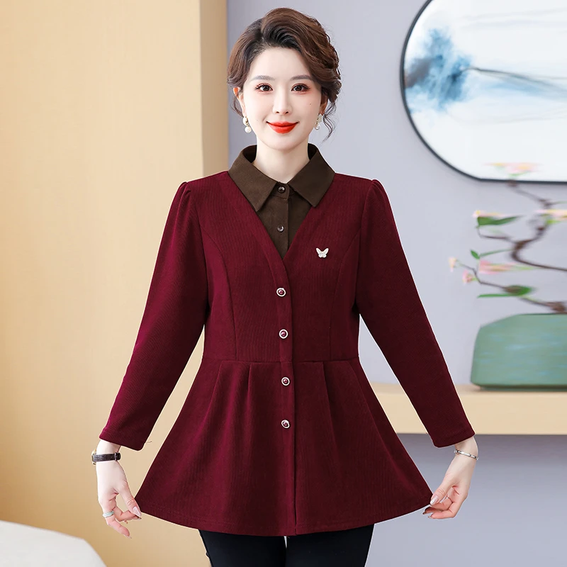 中年妈妈春装新款上衣洋气大码中长款翻领打底衫中老年宽松女T恤