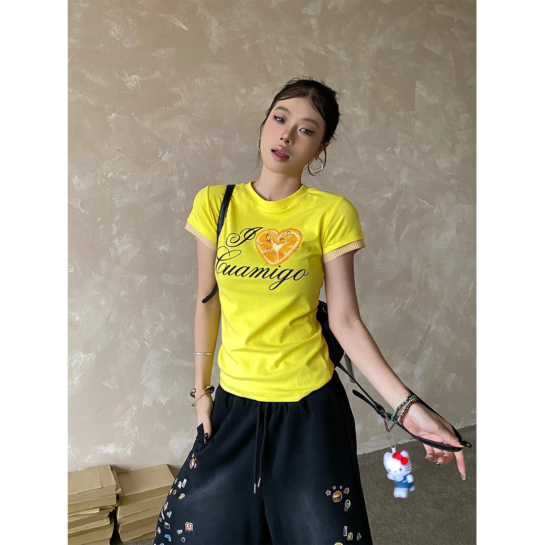 NOWANDHERE美式水果格子拼接短袖T恤女收腰弹力修身短袖t恤25新款