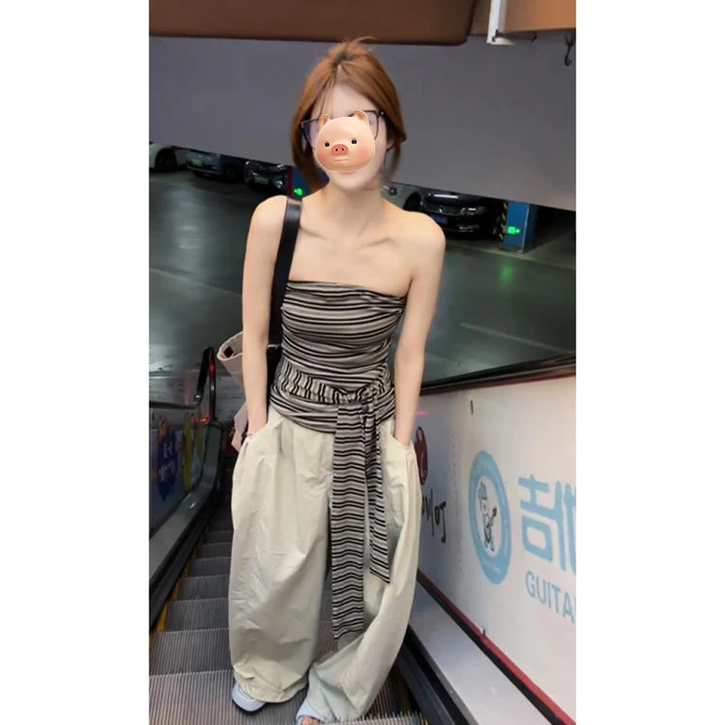 撞色条纹抹胸吊带背心女夏外穿修身显瘦辣妹露肩收腰绑带无袖上衣