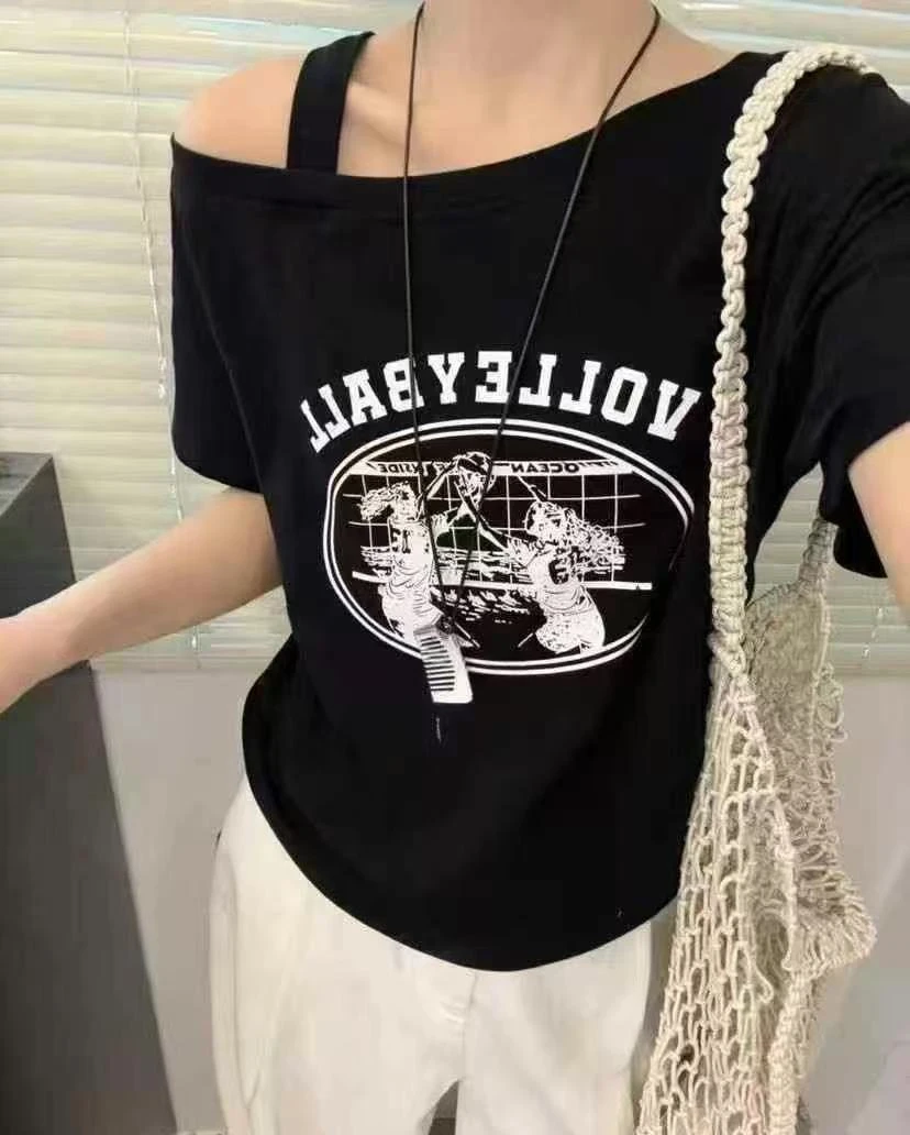 短款短袖字母印花常规宽松型T恤宽松时尚修身