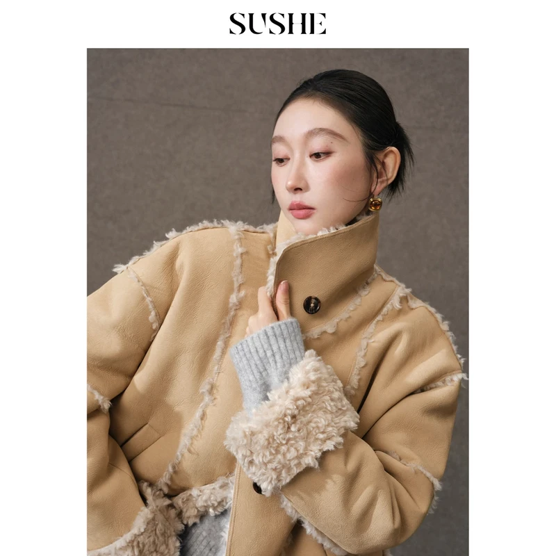 束皙SUSHE 靡华 轻机车风 环保羊羔拼皮宽松翻领皮毛外套女冬季