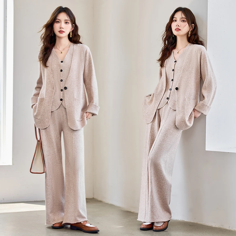 法式名媛风针织开衫套装女2025年春秋新款设计感背心阔腿裤三件套