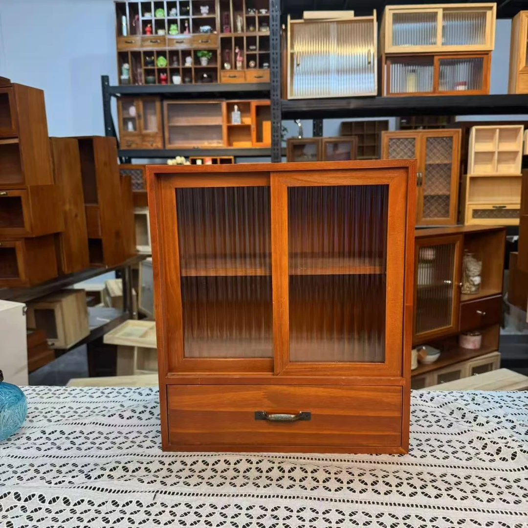 新款长虹玻璃推拉门带抽屉柜子桌面实木收纳柜杂物摆件盲盒化妆品