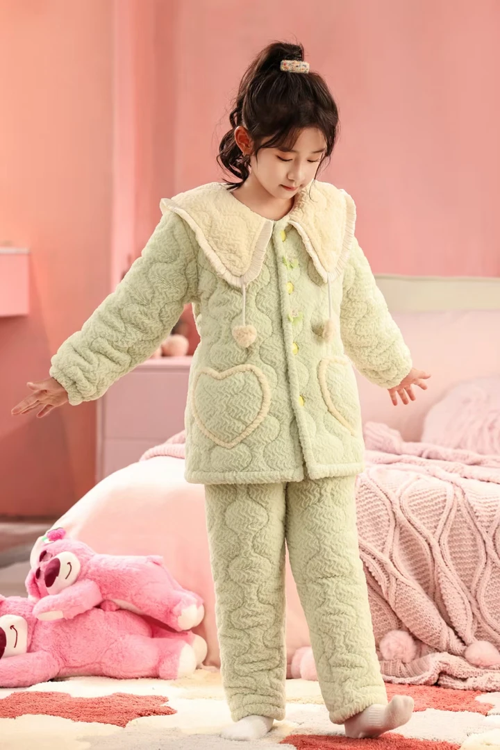 新款冬季儿童女睡衣时尚加厚三层夹棉连帽保暖家居服套装女童