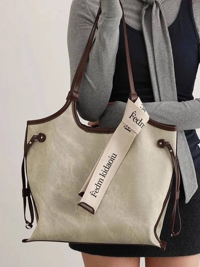 布艺包包女款撞色通勤单肩单肩包韩版小众托特包大包包休闲百搭