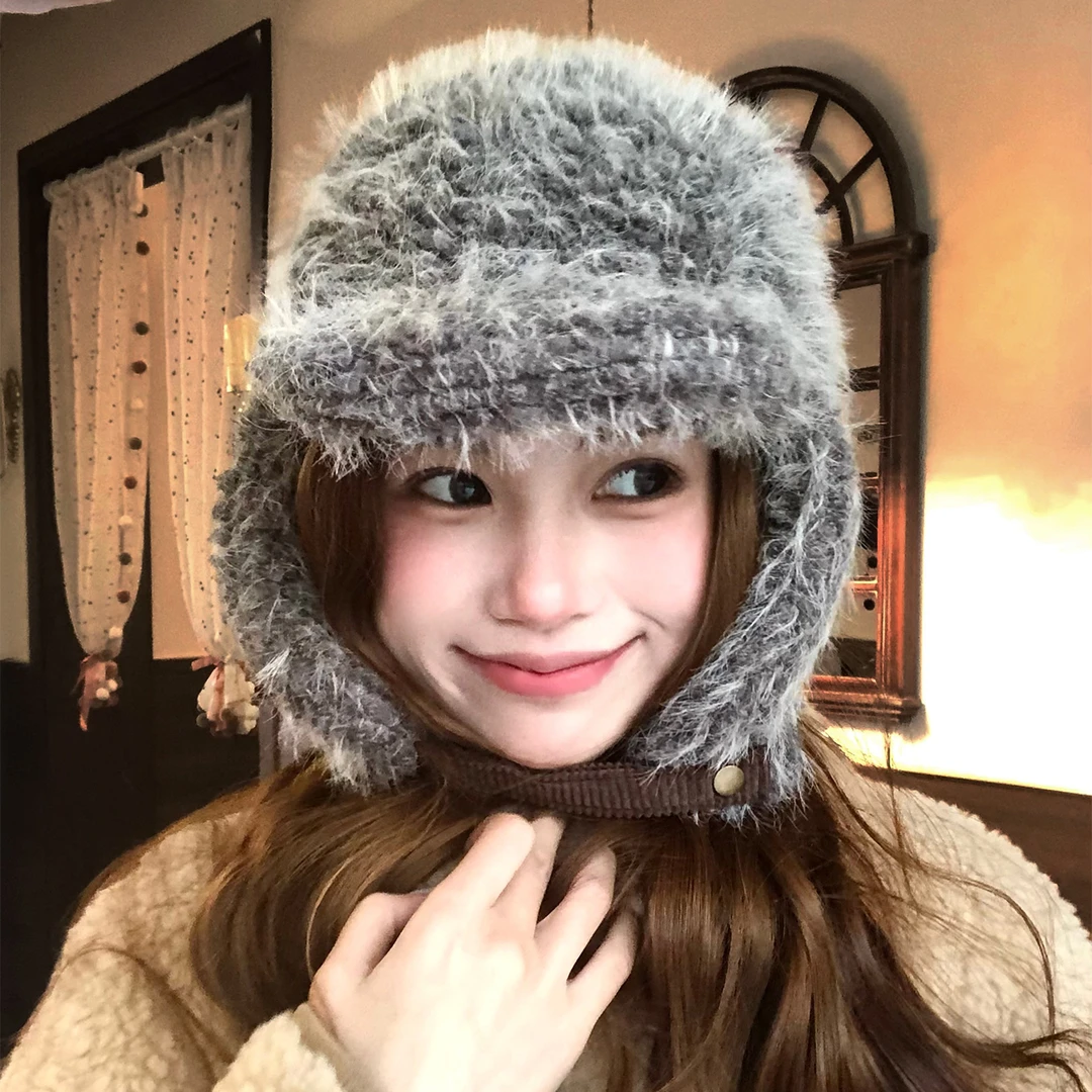 韩国ins博主同款毛绒雷锋帽女冬加厚保暖飞行帽骑行防寒护耳帽子