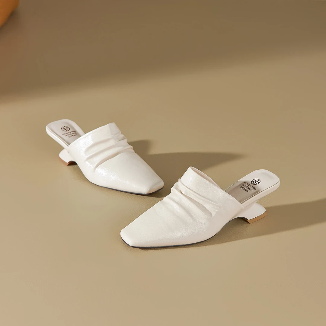 法式包头半拖鞋女2025夏季新款外穿方头软皮粗跟凉拖鞋异形跟拖鞋
