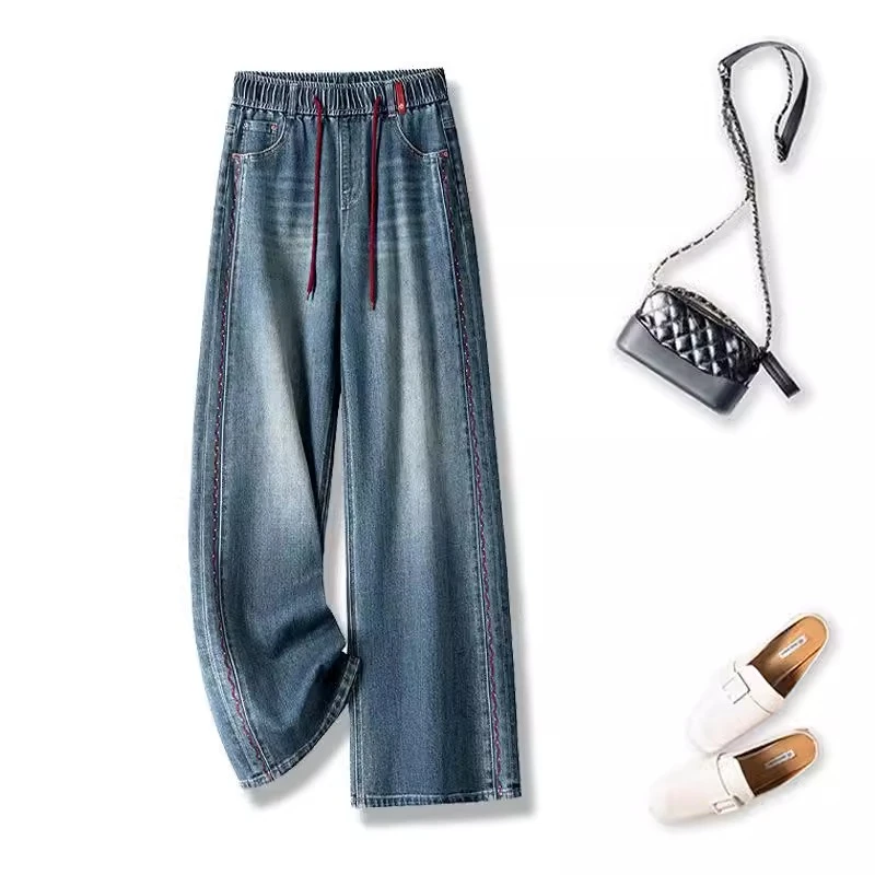 松紧腰高腰显瘦阔腿裤女2025年新款重工刺绣烫钻直筒牛仔裤休闲风