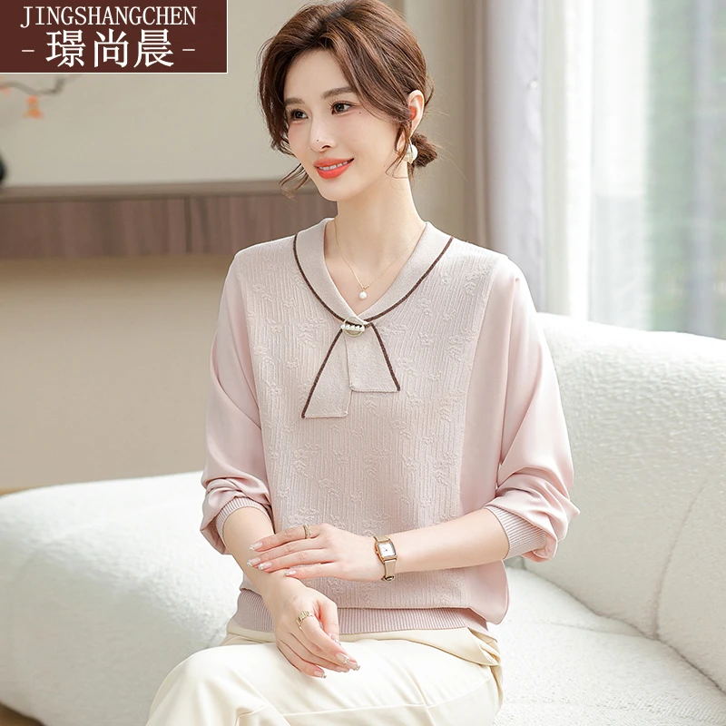 中老年t恤女气质春装针织小衫长袖洋气针织时尚中年妈妈薄款上衣