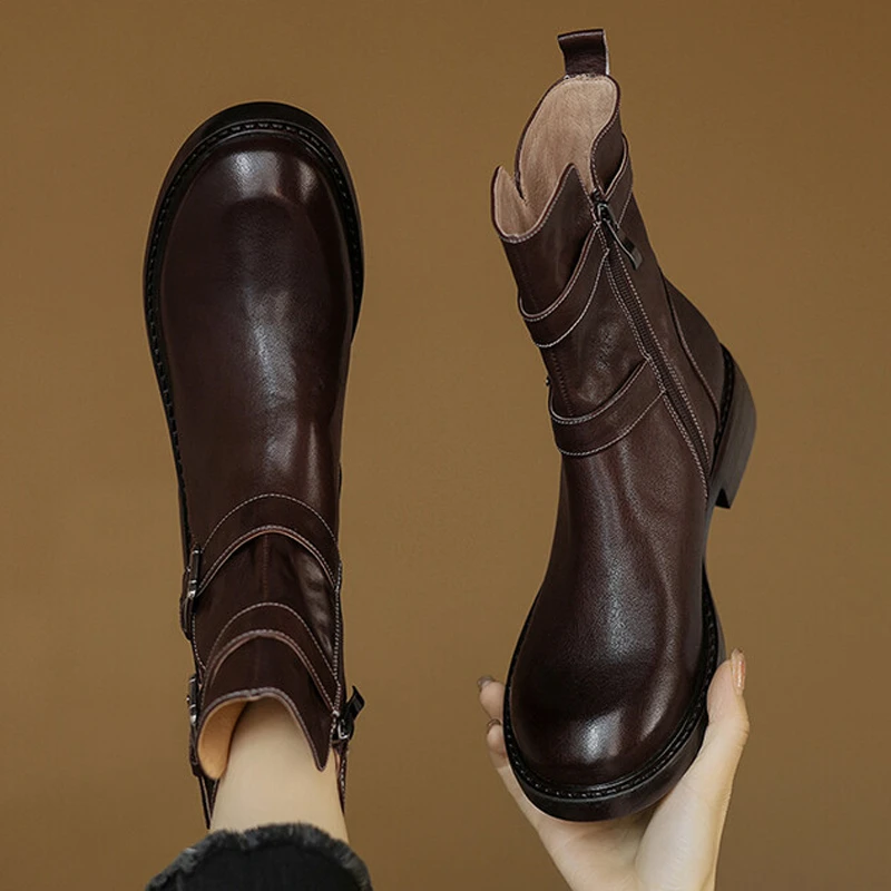 真皮时尚皮带扣中跟粗跟短靴女潮牌百搭侧拉链英伦风复古马丁靴子