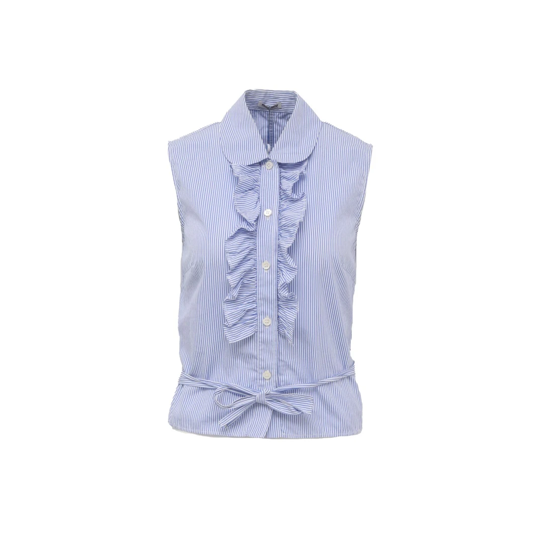 99新 MIU MIU/缪缪 汤/P235196180/ 蓝色 棉 条纹 无袖 衬衫 36