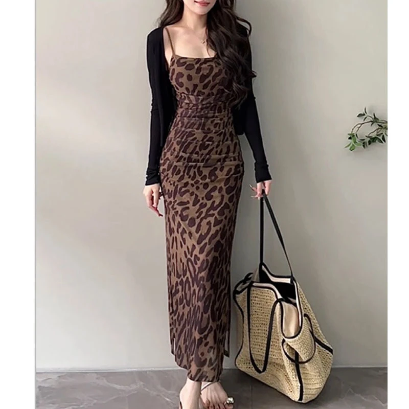 2025夏季新款法式性感背心吊带豹纹包臀连衣裙直筒显瘦长裙两件套