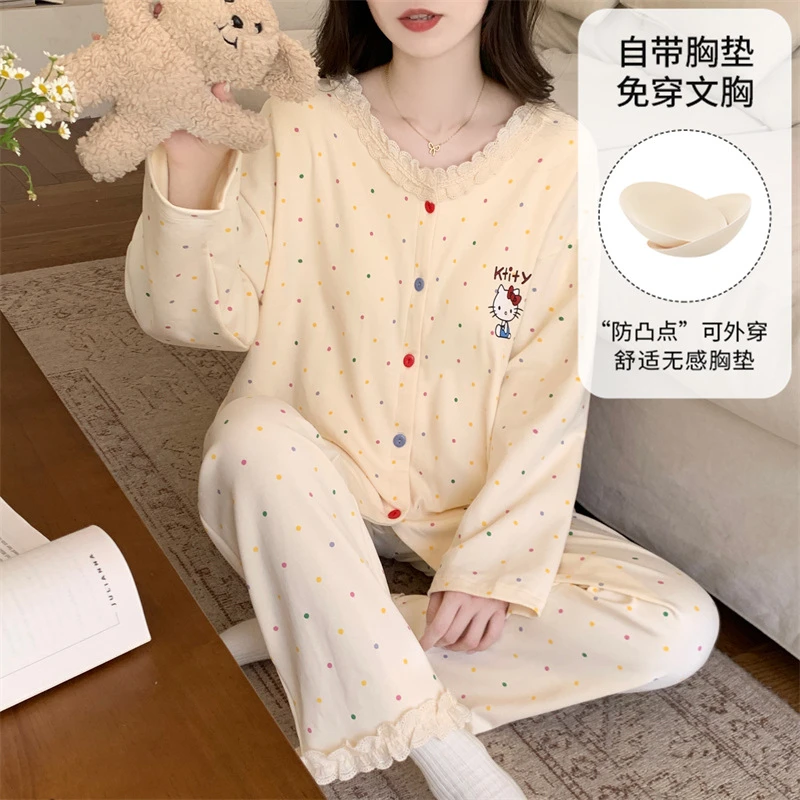 春秋季新款带胸垫长袖长裤睡衣套装大码女士睡衣套装可外穿家居服