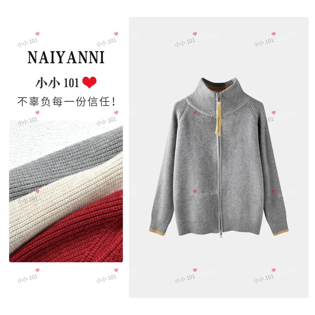 LL001春秋韩式新款拼色双拉链针织衫女立领设计潮流超耐看上衣