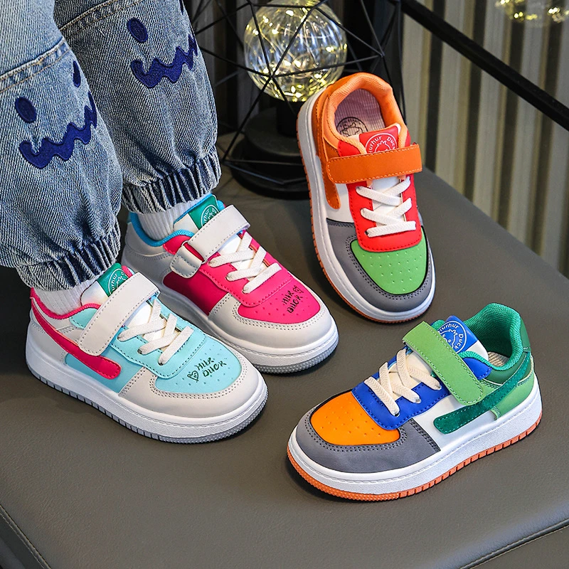 2025新款儿童学生低帮板鞋男女大童休闲运动皮面系带鸳鸯拼色潮
