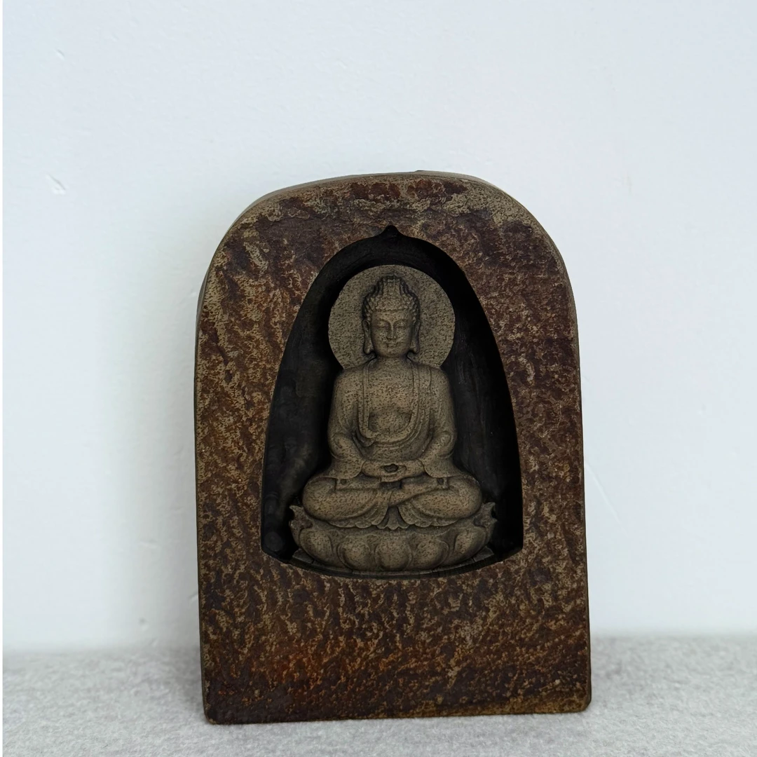 歙砚鱼籽石佛龛倒流香摆件手工雕刻
