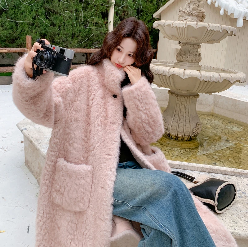 温柔风仿羊羔毛外套女2025冬季新款设计感中长款宽松韩版保暖大衣