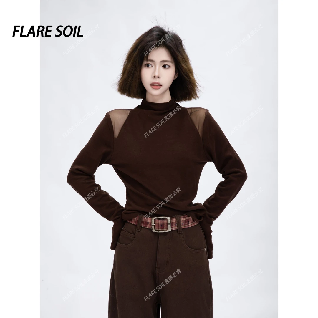 【FLARE SOIL】(现货）德绒网纱拼接肩袖秋冬半高领修身打底 T4863A