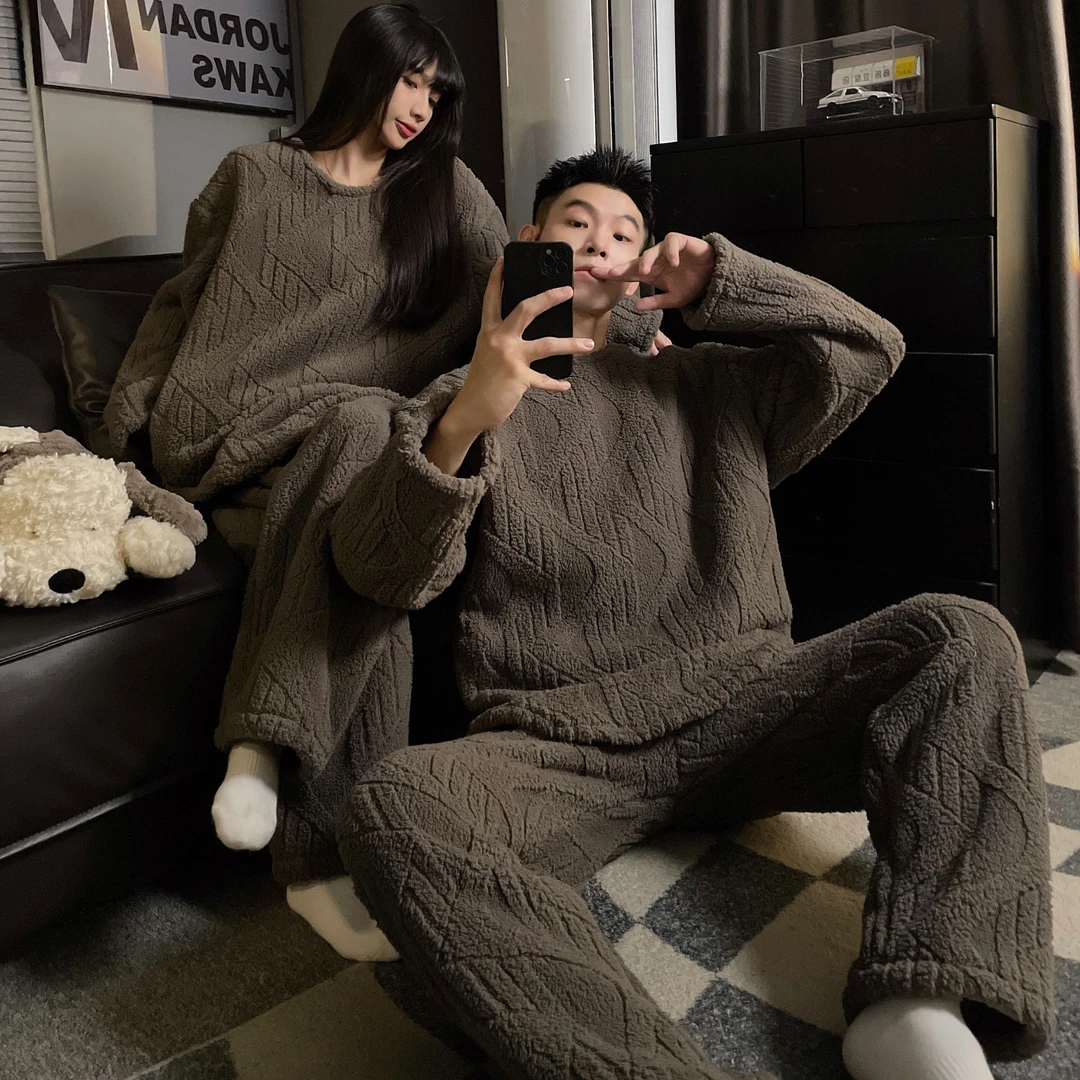 加厚珊瑚绒情侣睡衣女款秋冬季保暖高级感男士休闲大码家居服套装