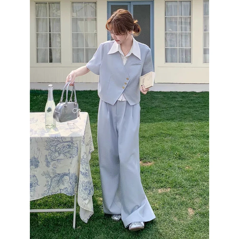 【沐紫】【两件套】女2025夏季新款高级感休闲T恤阔腿裤两件套装D1752