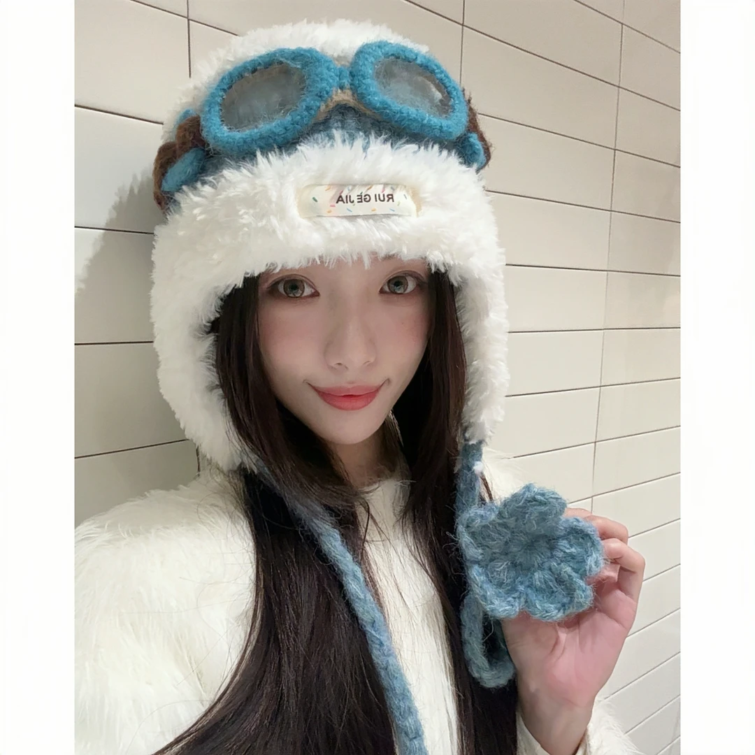 檀健次同款毛绒针织护耳帽女冬季可爱显脸小飞行帽护耳毛线帽子