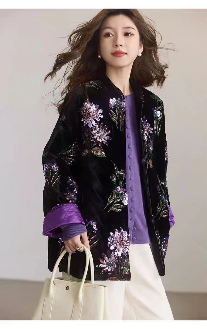 2025秋冬新中式复古国风气质精致刺绣珠片宽松保暖重工丝绒外套