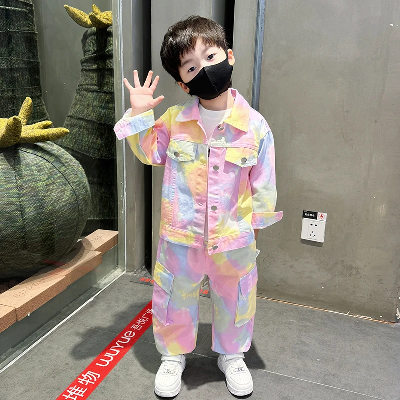 男童春秋季装童装套装新款儿童扎染牛仔外套男孩欧若假日风两件套