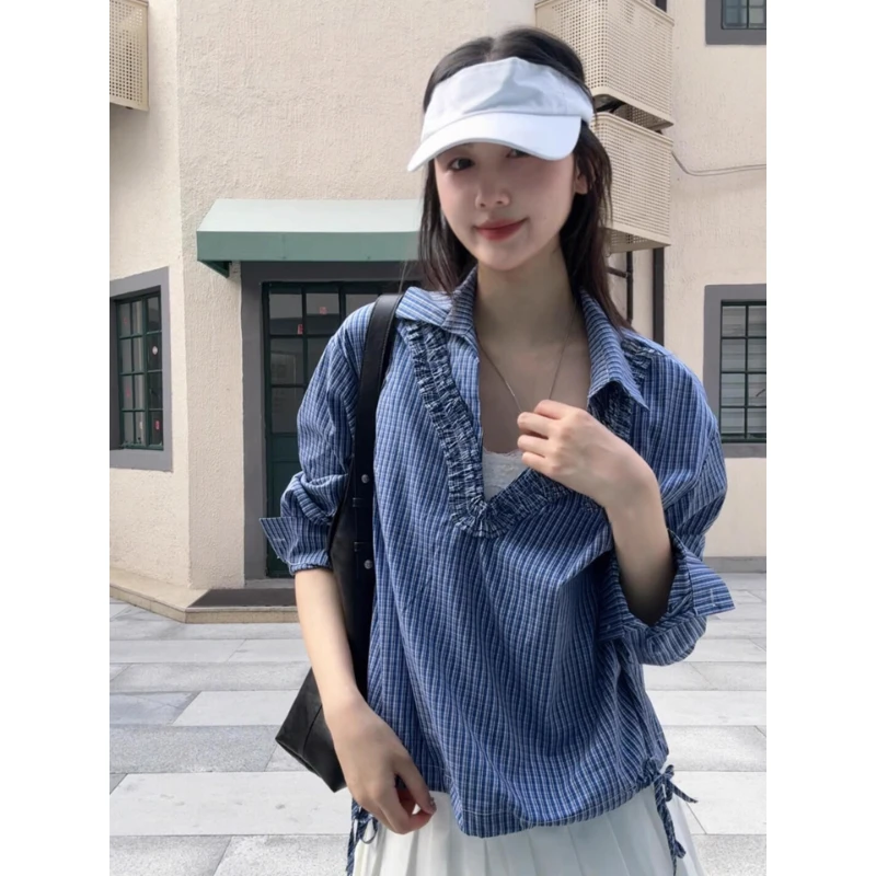 欧货高端大牌蓝色长袖衬衫2025早秋新款高级感v领显瘦宽松上衣女