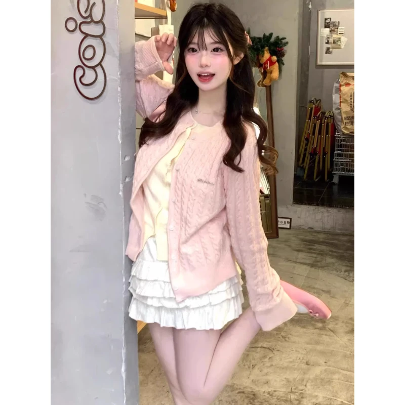 秋冬新款针织开衫针织韩系穿搭粉色假两件毛衣外套女甜美针织上衣