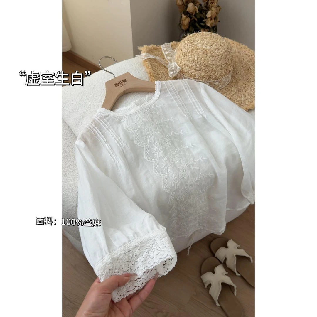 P0444-“虚室生白”100%苎麻镂空刺绣衬衫女风琴褶套后背系带上衣