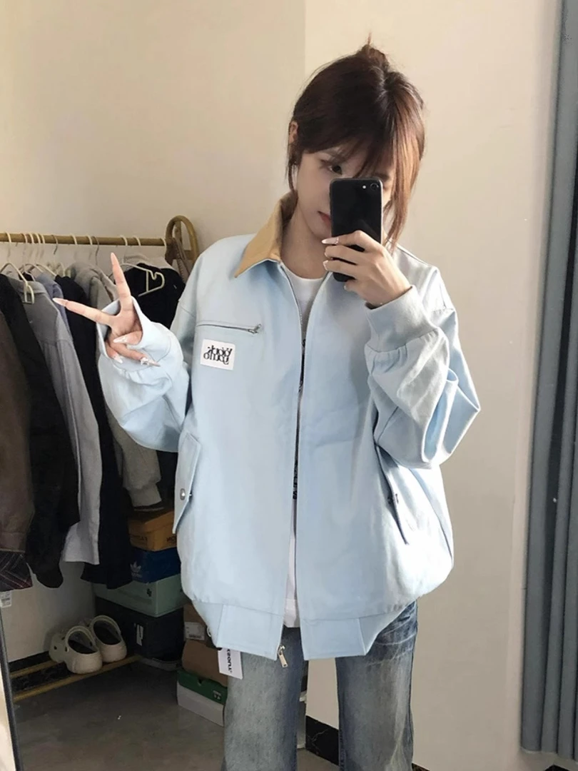 2025美式新款春秋翻领撞色棒球服拼接宽松复古夹克上衣外套女开衫
