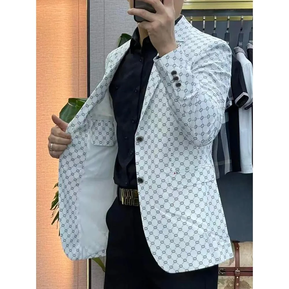 2025欧货秋季男士商务休闲西服长袖印花单排扣潮流外套男西装男装
