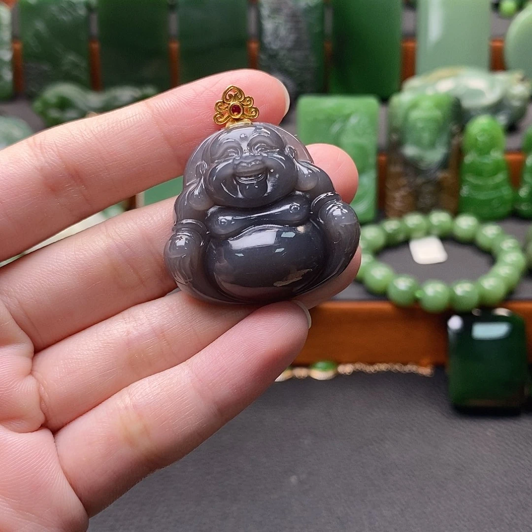 和田玉（碧玉）18K金镶嵌颈饰烟紫佛公