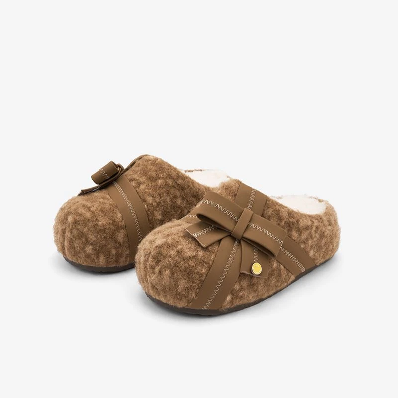 SMILEY笑脸冬季女棕色蝴蝶结穆勒包头拖鞋勃肯外穿一脚蹬厚底增高