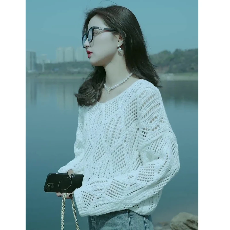 春秋高级感超好看上衣法式慵懒风白色镂空薄款针织罩衫长袖女夏装