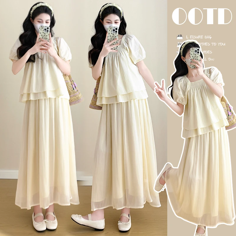 { 糕糕 }孕妇装2025夏季新款简约宽松超仙上衣+半身裙套装