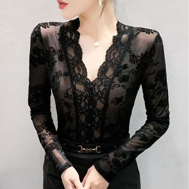 秋冬新款时尚减龄V领拼接蕾丝衫长袖设计感百搭上衣女打底衫加绒