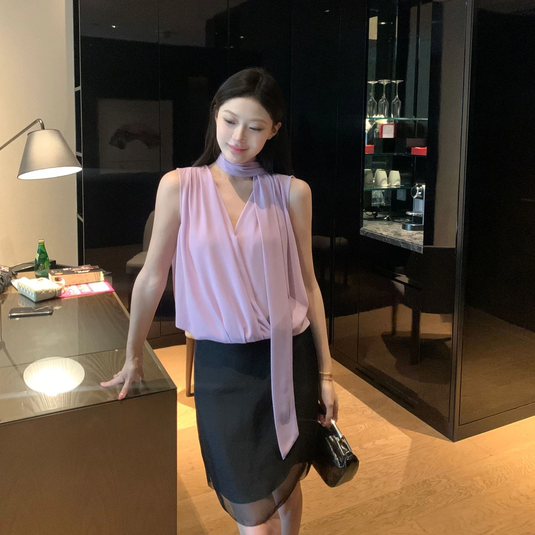 JINY | “双调羽衣" 时髦V领飘带垂感无袖雪纺百搭上衣女 MAC25393