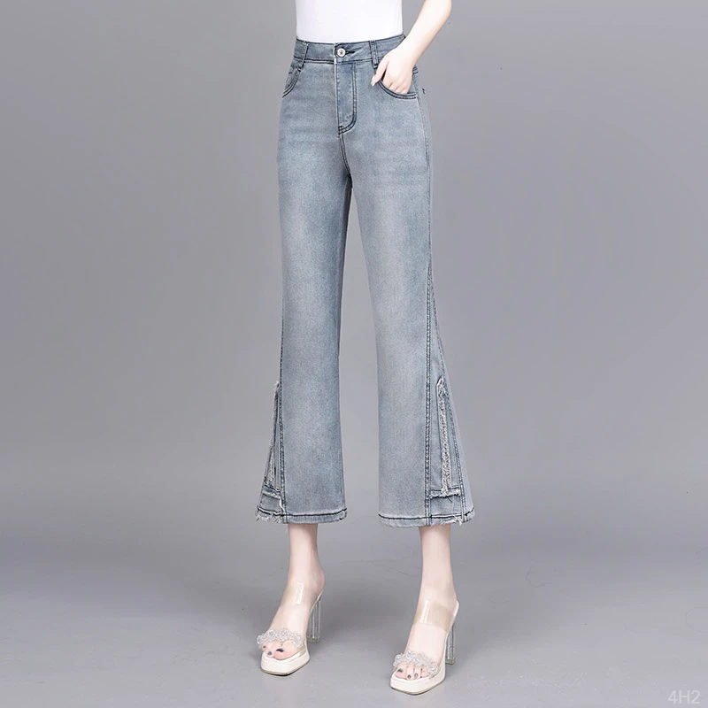 大码薄款微喇牛仔裤女2025新款夏季胖mm小个子九分喇叭裤八分裤子