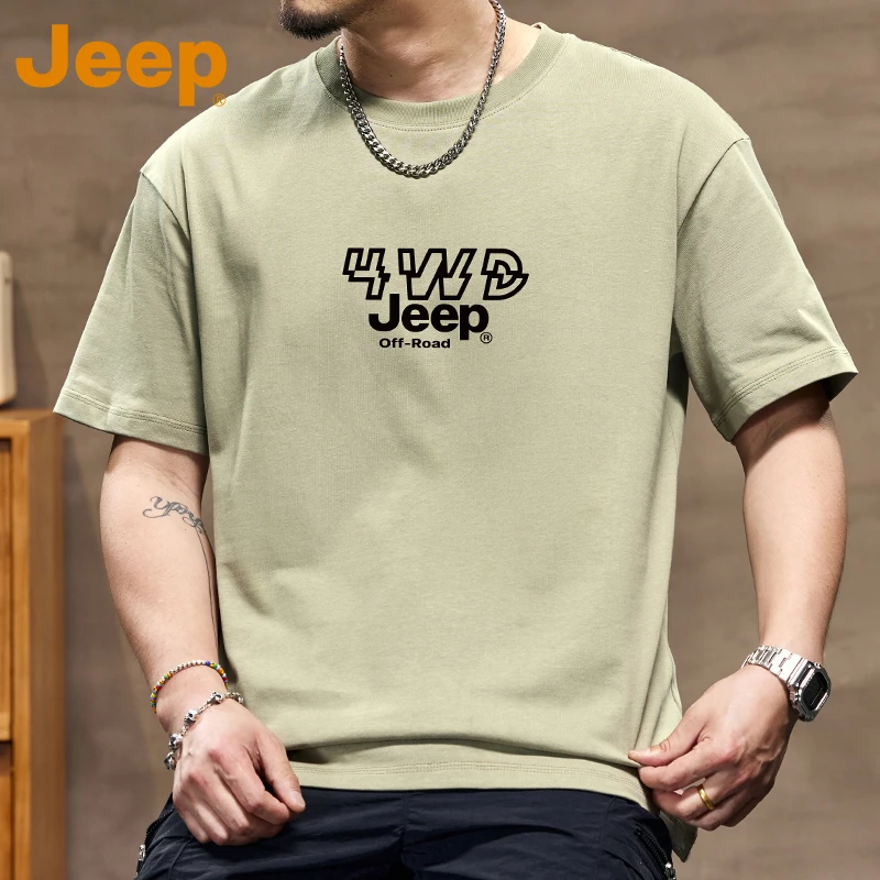 JEEP吉普纯棉圆领短袖男士休闲T恤男款新款夏季潮款圆领宽松上衣