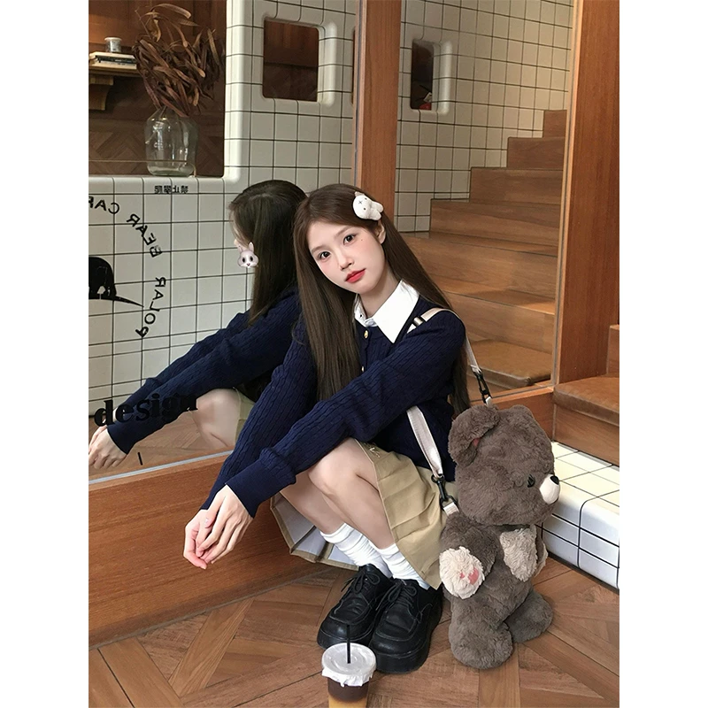 入秋航海系搭配一整套女可盐可甜韩系小个子学院风毛衣裙子两件套