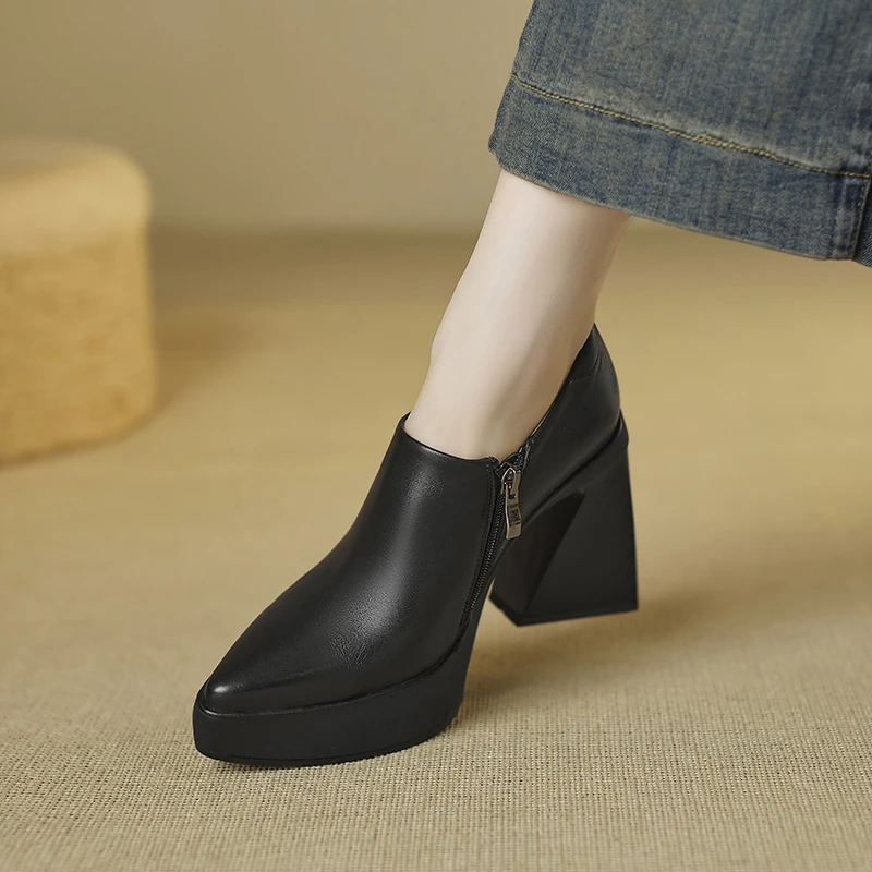 尖头防水台高跟鞋10cm小个子不累脚厚底侧拉链黑色小皮鞋深口单鞋
